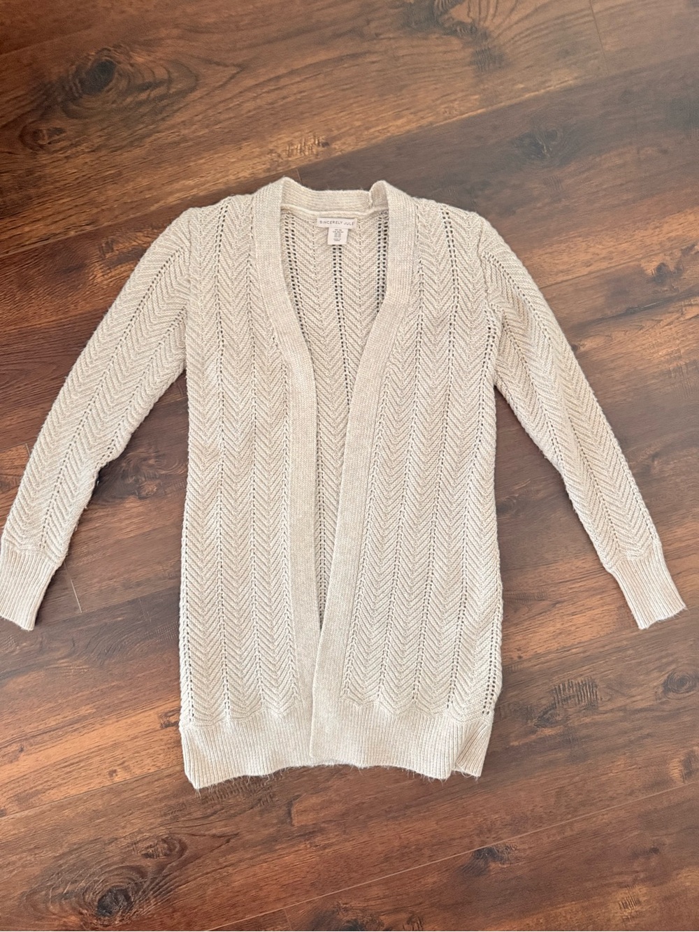 Beige Cream Open-Front Chevron Knit Cardigan